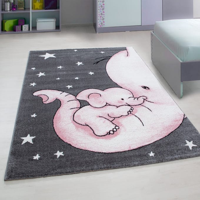Flycarpets Flycarpets - Kids Kinderkamer Olifant Roze Vloerkleed - 140x200 cm