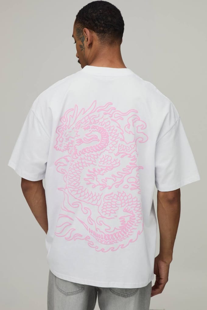 Wit Oversized T-shirt Met Dragon Puff Print | White | Size Medium