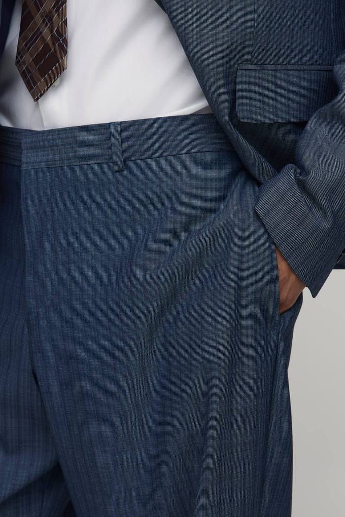 Striped Denim Look Relaxed Fit Tailored Trousers | Navy | Size 42