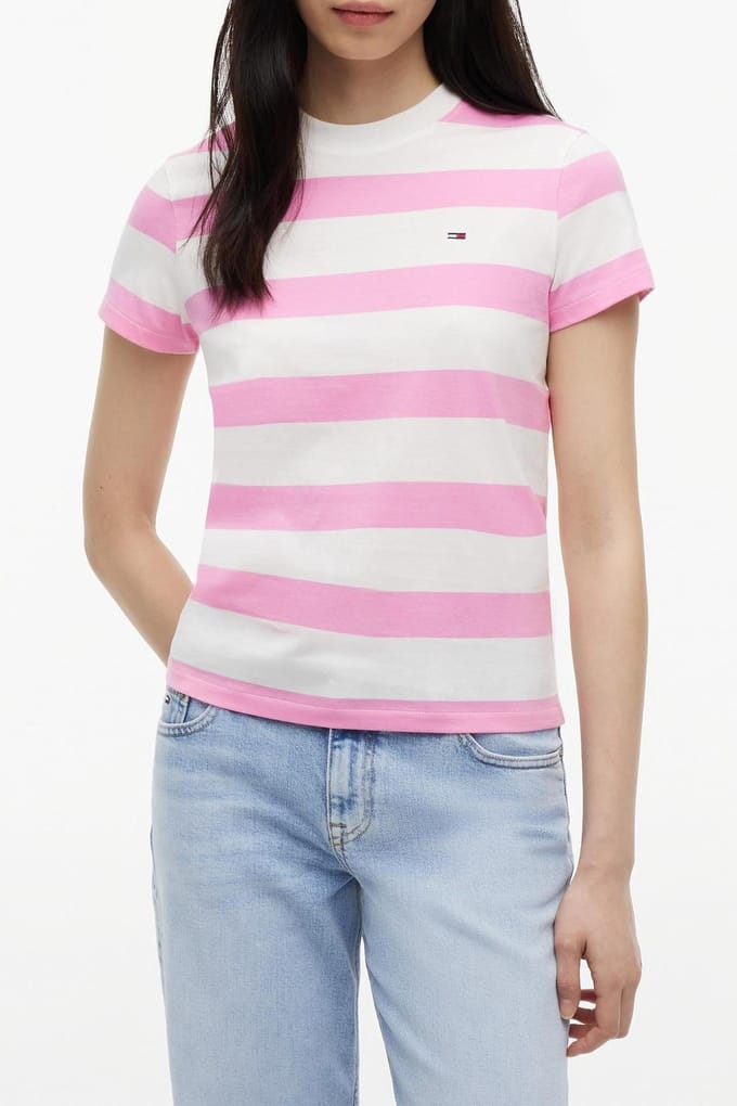 Tommy Hilfiger Regular Flag Jersey Pink Daisy/stripe Größe: M | Hemden Outlet | Damen | Rosa