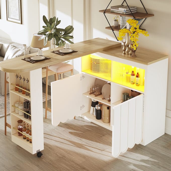 Uitschuifbare Bartafel (135-205x39x100 cm) - Moderne Bar met LED & Gestreepte Deuren - Wit Telescoop Keuken Eiland / Bistrotafel