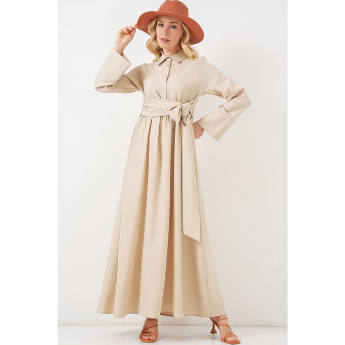 Langsleeve A-vorm Maxi-jurk met Tailleband Detail