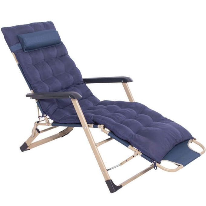 Springos Tuinstoel | Ligstoel | Opvouwbaar | Verstelbaar | Ergonomische Hoofdsteun | Met Kussen | Blauw | Metaal