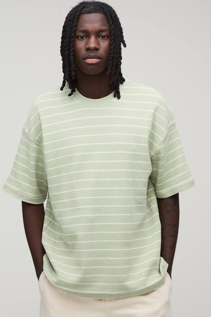 Oversized Striped Short Sleeve Waffle T-Shirt | Sage | Size Small