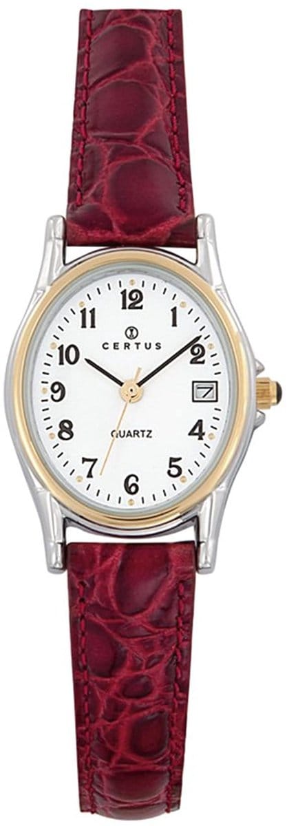 Certus-Duidelijk dames horloge-Datumaanduiding-Rood lederen band.
