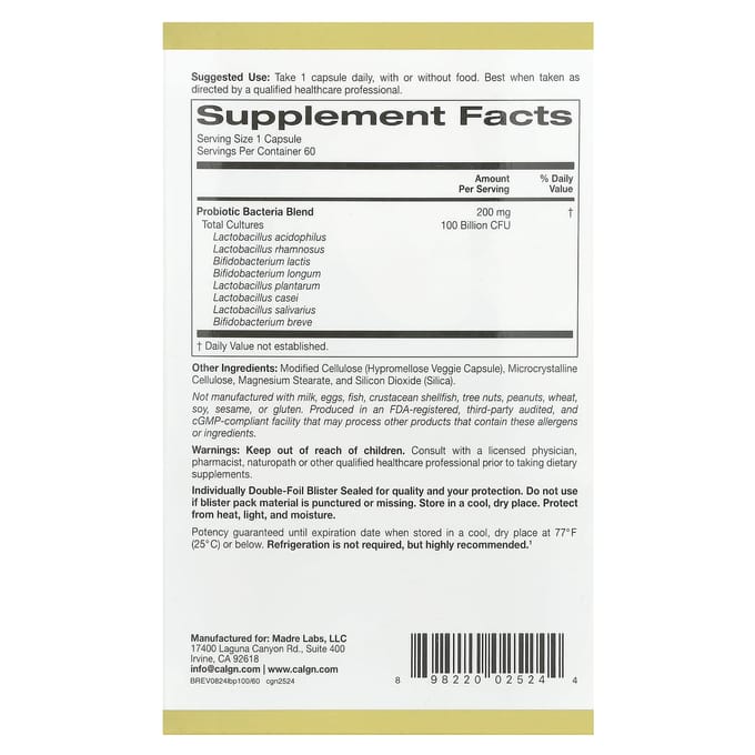 Lactobif® 100 Probiotique, 100 Milliards d'UFC, 60 Gélules Végétales