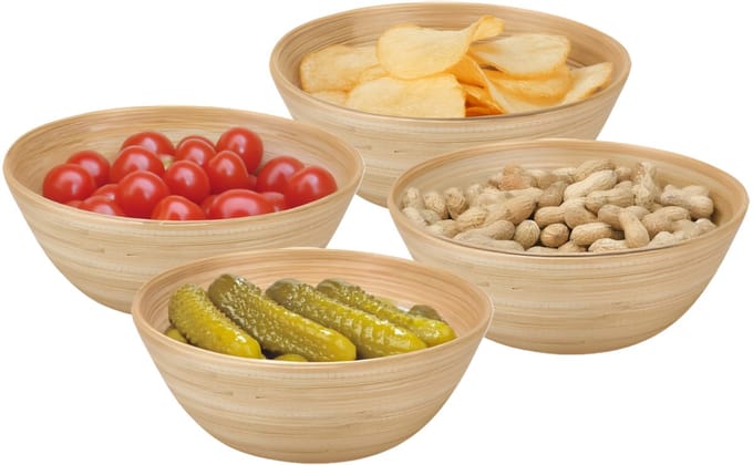 Excellent Houseware Snackschaaltje / kommetje - 4x - D18 x H7 cm - bamboe - naturel - soep / yoghurt / chips