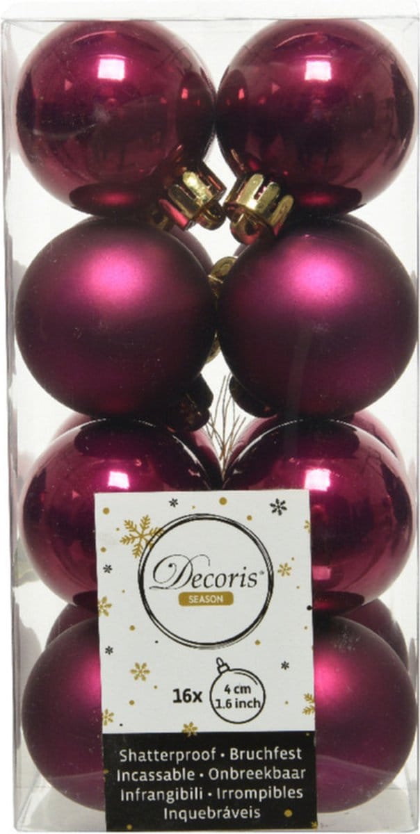 Decoris kleine kerstballen - 16x st - framboos roze - 4 cm - kunststof - kerstversiering