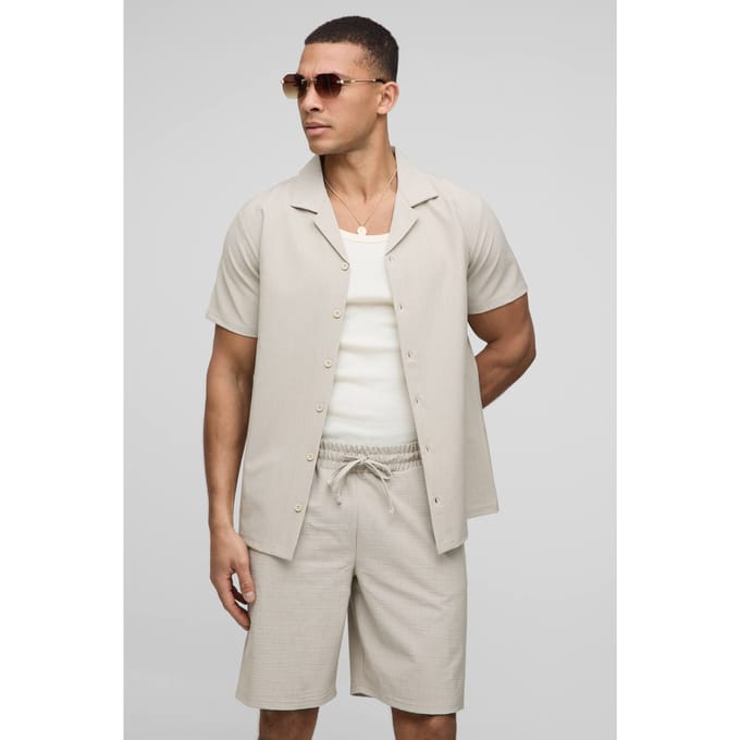 Regular Fit Seersucker Streep Overhemd & Shorts Set | Stone | Size XL
