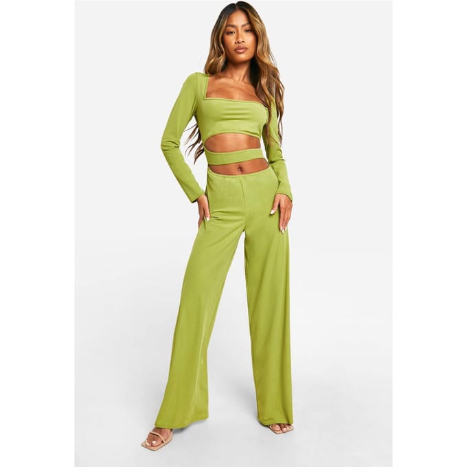 boohoo Dames Premium Cut Out Matte Slinky Jumpsuit | Olijf | Maat: 42