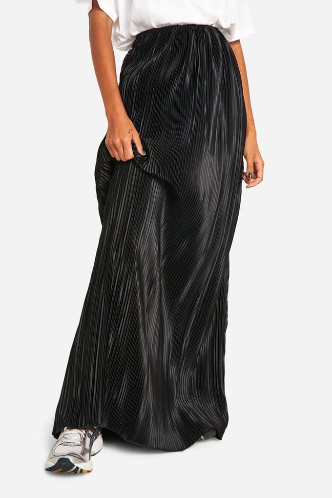 boohoo Dames Premium Satijn Plisse Maxi Rok | Zwart | Maat: 34