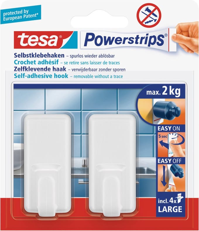 Tesa Powerstrips haken - 3x - large - kunststof - wit - verwijderbaar