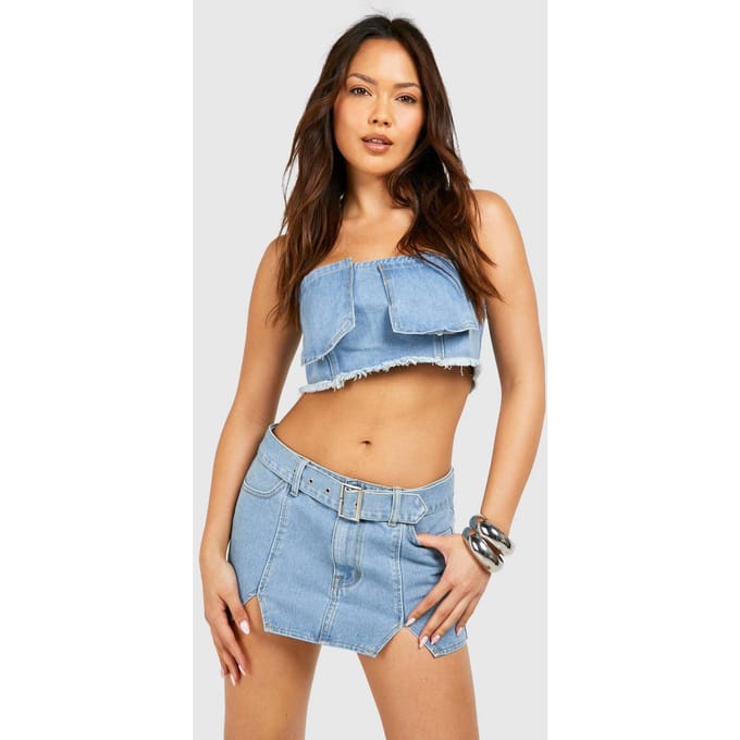 boohoo Dames Notch Detail Gesp-Riem Denim Micro Mini Rok | Lichtblauw | Maat: 42
