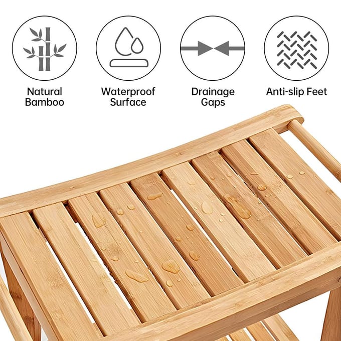 Tabouret de Douche avec Porte-Serviettes Étagère de Rangement Antidérapant Bambou Naturel Banc de Douche Multifonctionnel beige