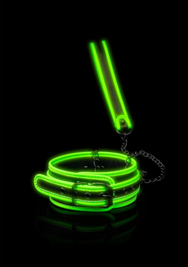 Shots - Ouch! OU755GLO - Collar and Leash - Glow in the Dark - Neon Green/Black