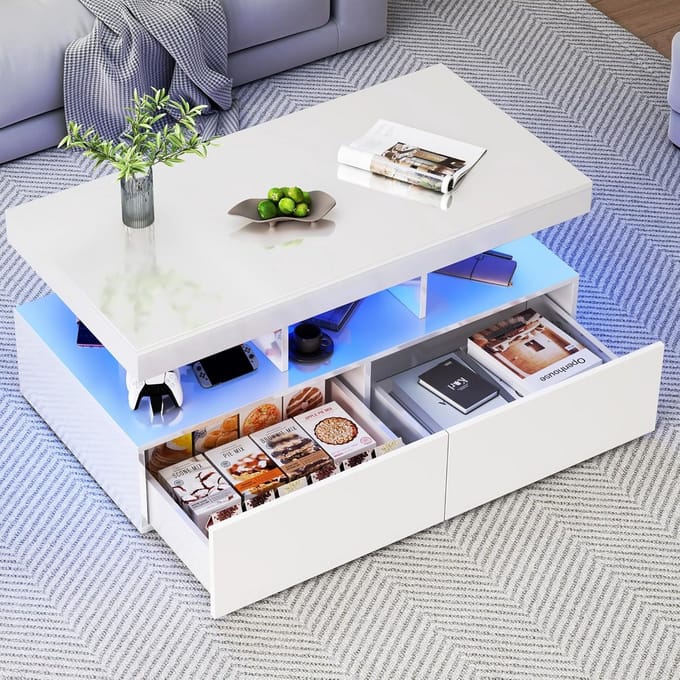 Moderne Salontafel met LED Verlichting en Opbergruimte in Hoogglans Wit