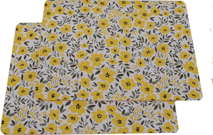 Set van 2 placemats mdf gebloemd geel groen