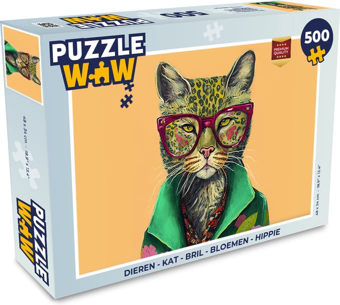 Puzzel Dieren - Kat - Bril - Bloemen - Hippie - Legpuzzel - Puzzel 500 stukjes