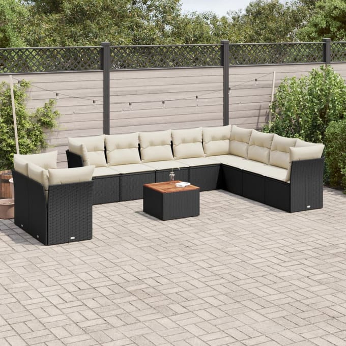 vidaXL - 11-delige - Loungeset - met - kussens - poly - rattan - zwart
