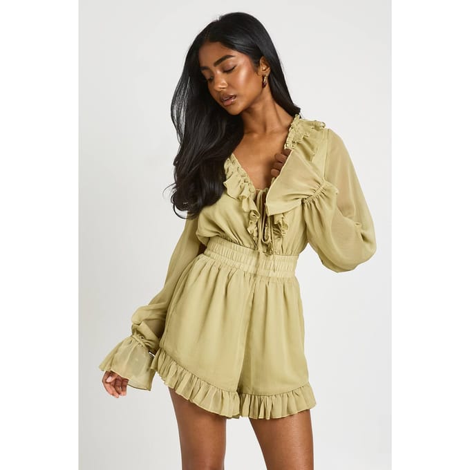 boohoo Dames Playsuit Van Gestructureerde Chiffon Met Ruchedetail | Olijf | Maat: 36