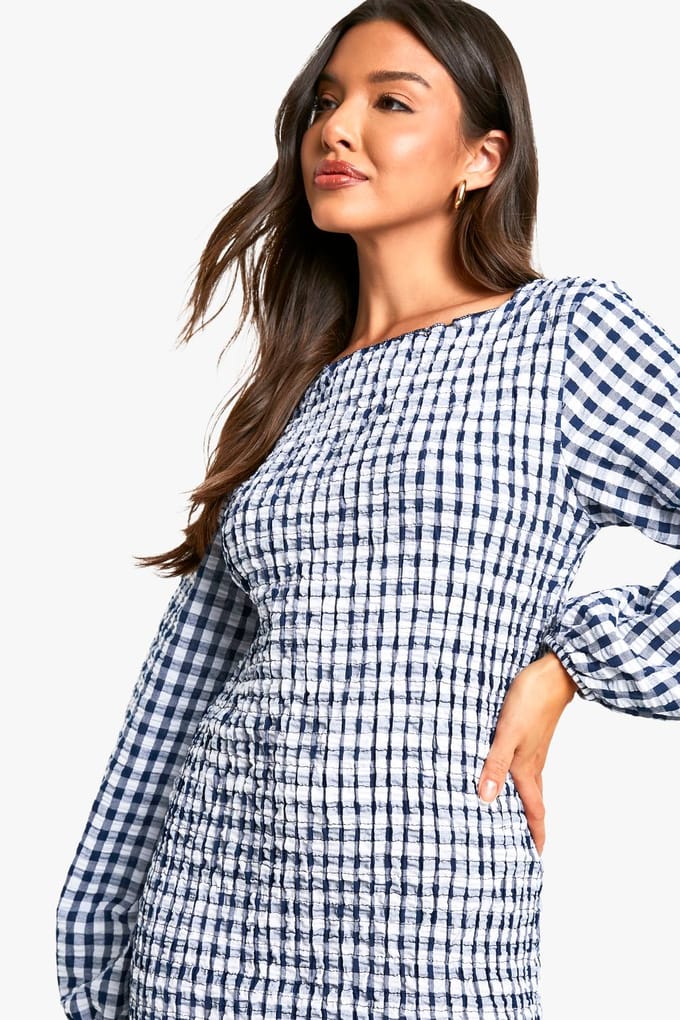 boohoo Dames Gingham geplooide lange mouw mini jurk | Marineblauw | Maat: 42