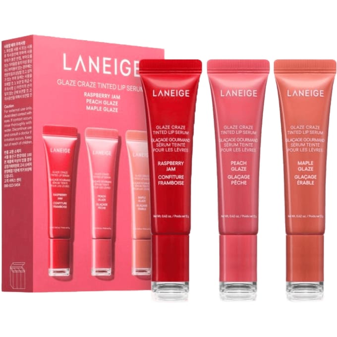 Laneige Lip Care - Glaze Craze getinte lipserum set met Peach Glaze, Maple Glaze en Raspberry Jam tints
