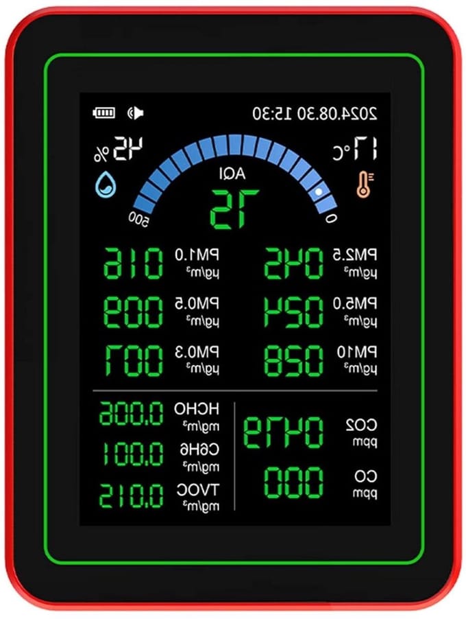 Luchtkwaliteitsmeter - CO2 meter - Binnenlucht Meten - Gegevensopslag Jaar - 28 Inch Scherm - Zwart