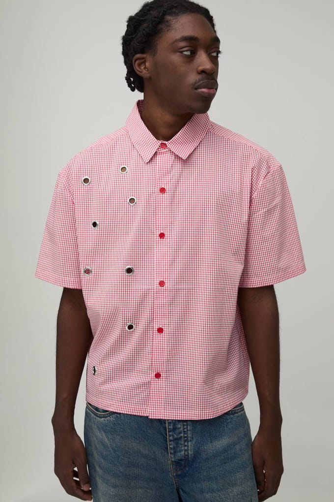 Oversized Boxy Shirt Met Oogjesdetail En Micro Ruitpatroon | Red | Size Medium