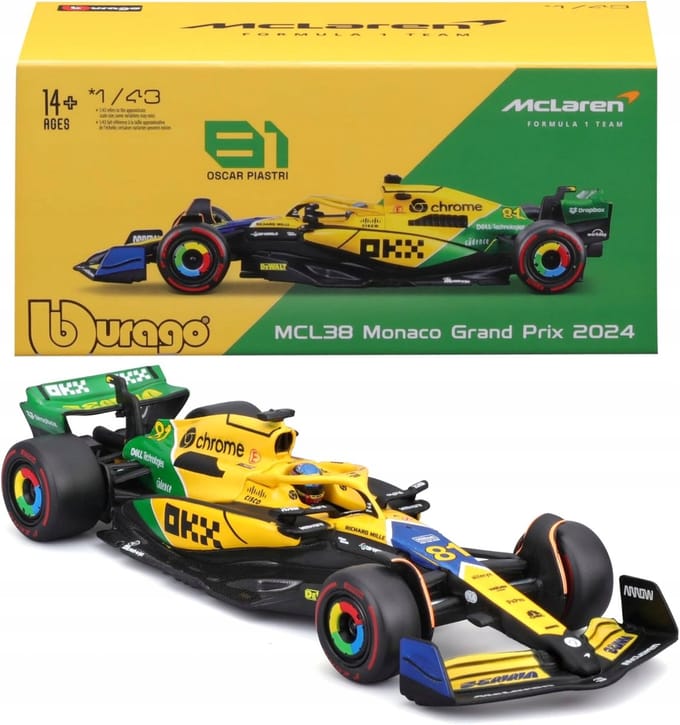 F1 McLaren MCL38 2024 modelauto met helm Norris Senna livery speelgoedauto.
