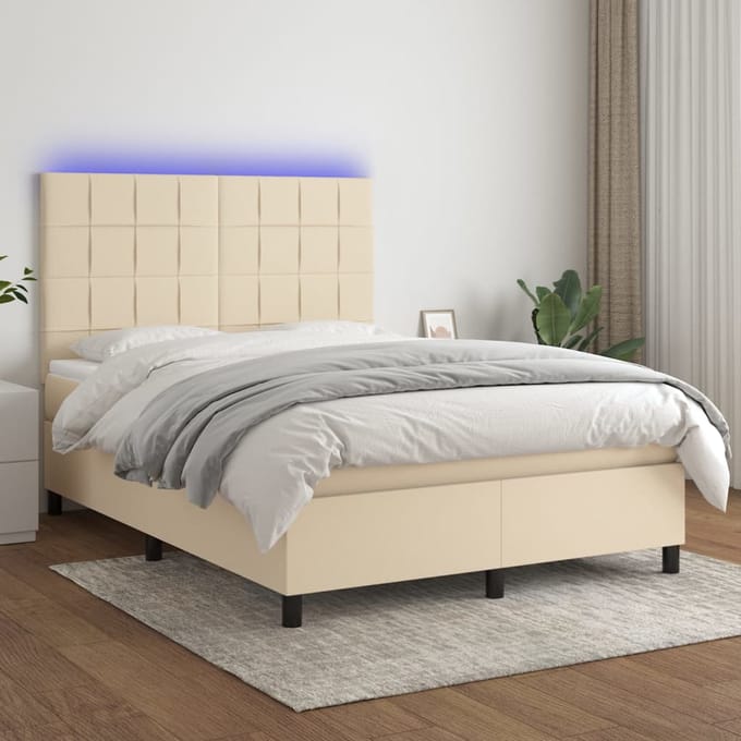 vidaXL - Boxspring - met - matras - en - LED - stof - crèmekleurig - 140x200 - cm