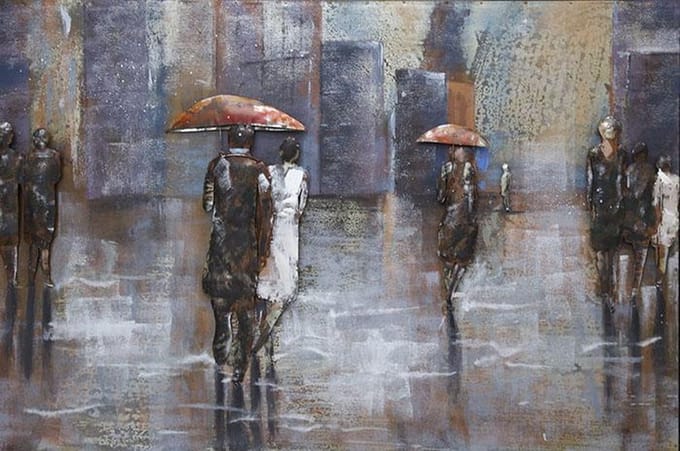 Metaal 3D schilderij in de regen 80x120 cm