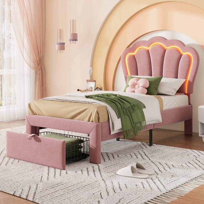 KOMHTOM LED-kinderbed Eenpersoonsbed 90x200 cm met laden APP-Control LED-bed Lattenbodem en verstelbare hoofdsteun Roze
