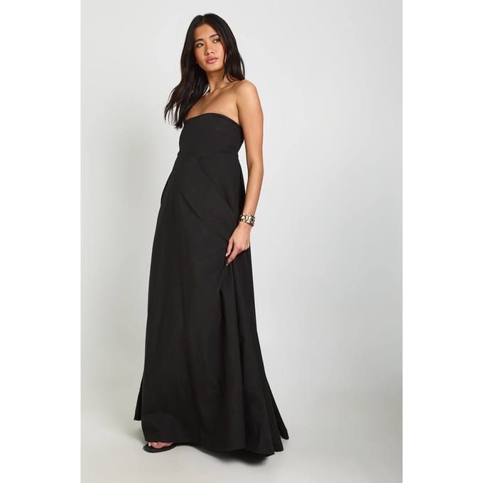 boohoo Dames Katoenen Poplin Maxi Jurk Met Gerimpelde Elastische Rug | Zwart | Maat: 36