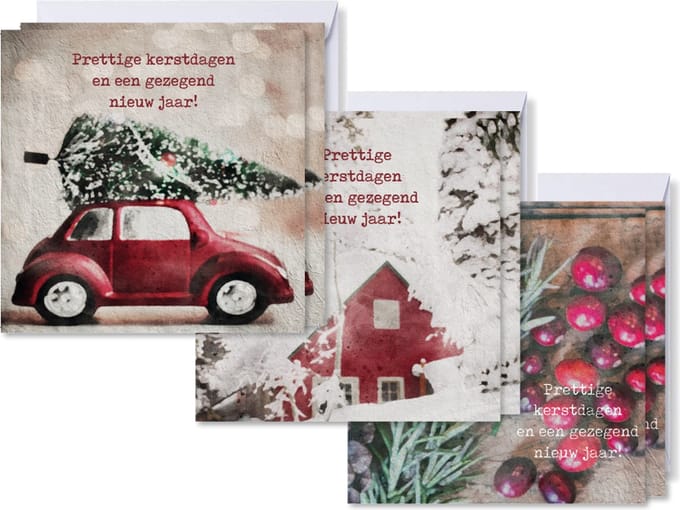 Voordeelpakje 18 vierkante kerstkaarten - Rood - Prettig - MajesticAlly