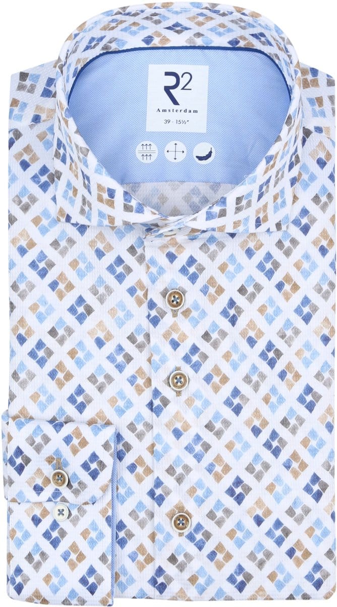 R2 Overhemd Print Blauw Groen - Maat 45 - Heren - Overhemden Casual