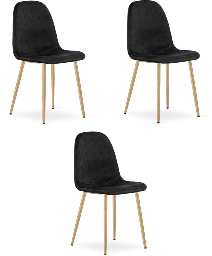 Set van 3 eetkamerstoelen PADVA – Fluweel zwart – Eiken poten – Modern design