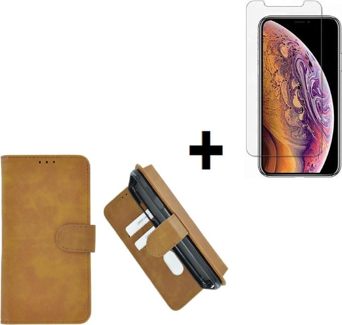 Geschikt voor iPhone 11 Pro Max Hoes Cover Wallet Book Case Bruin + Screenprotector Tempered Gehard Glas