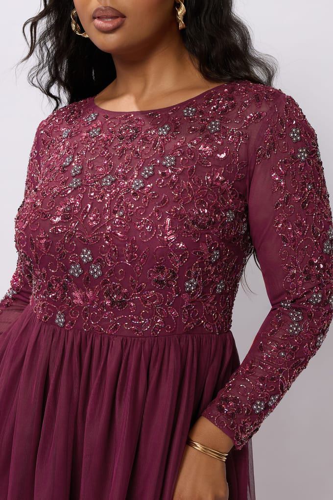 Luxe: Ultimate Embellishment Luxe Bourgondië Rode Pailletten Bloemen Hand Versierde Maxijurksize 42