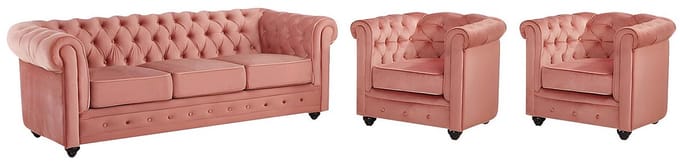 Vente-unique Driezitsbank en 2 fauteuils CHESTERFIELD - velours - pastelroze