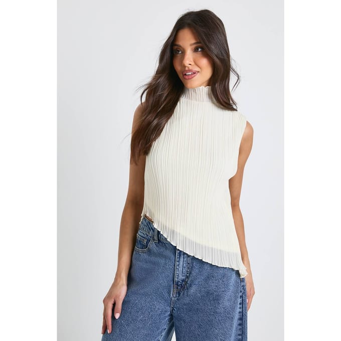 boohoo Dames Plisse blouse met hoge hals | Creme | Maat: 42
