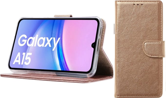 Bixb Hoesje Geschikt voor Samsung Galaxy A15 – portemonnee bookcase met pasjeshouder - Goud