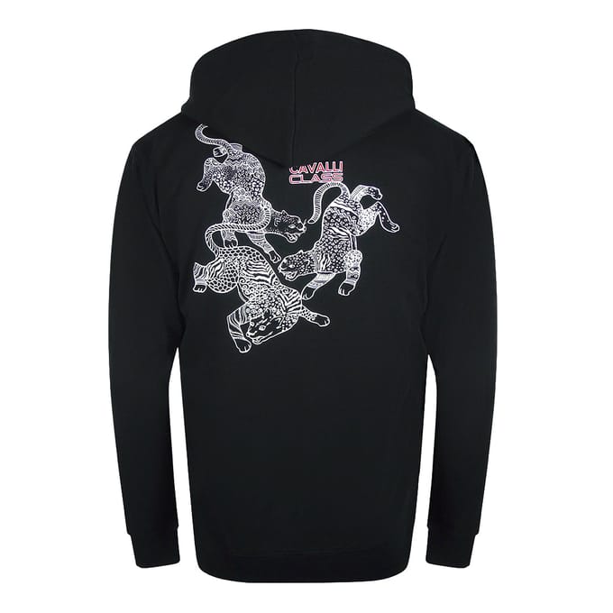Cavalli Class Traditionele Stijl Luipaardontwerp Zwarte Hoodie Met Ritssluiting