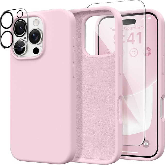 Solid hoesje Soft Touch Liquid Silicone Flexible TPU Rubber + Screenprotector - Camera Lens - Geschikt voor: iPhone 16 Pro - Lichtroze
