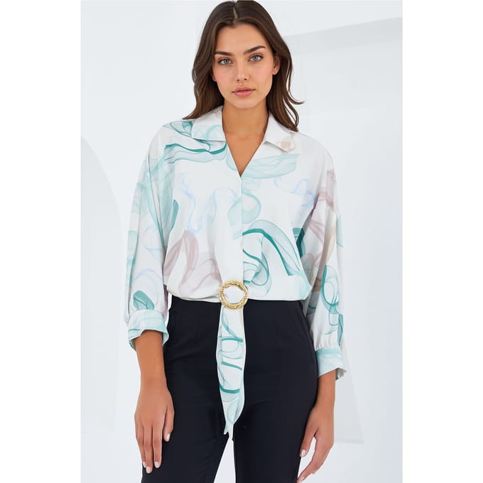 Geprinte Crop Shirt met Pompom Detail
