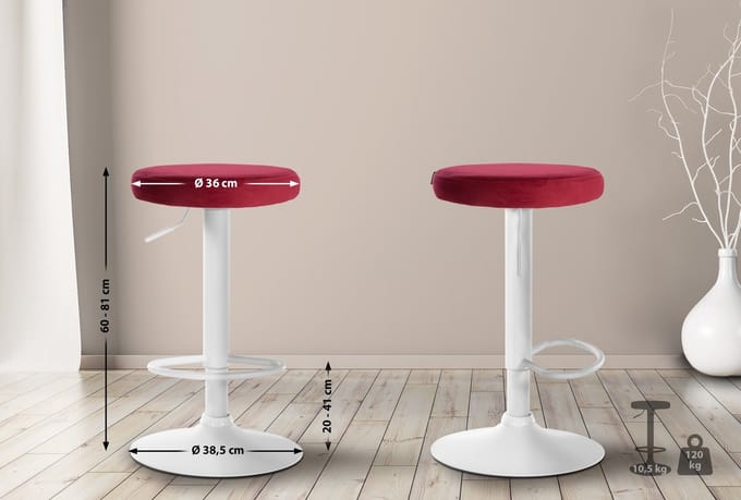 CLP Ponte Barkruk - Rond - Verstelbaar - Voetsteun - Velvet - Fluweel - wit/rood