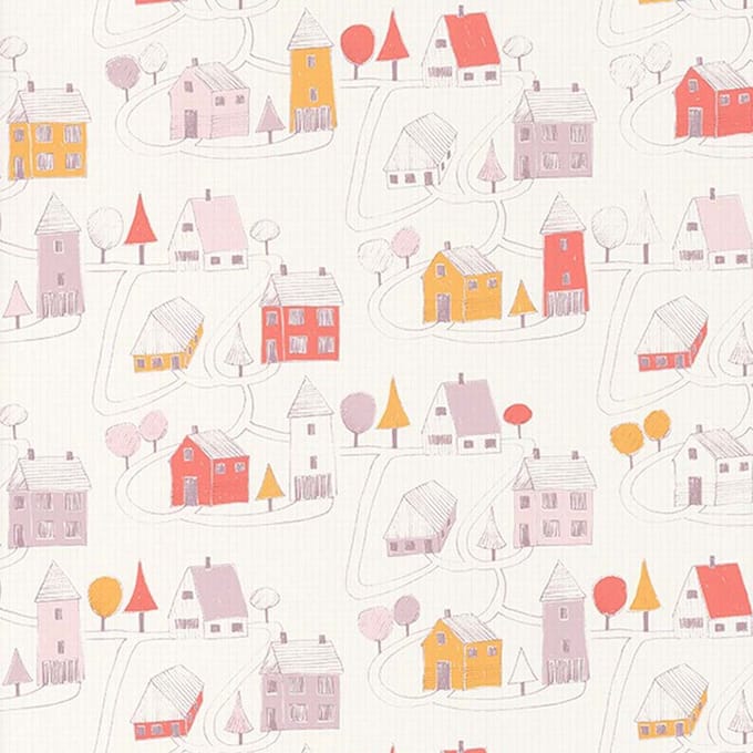 Casadeco kinderbehang Happy Dreams dorp roze koraal