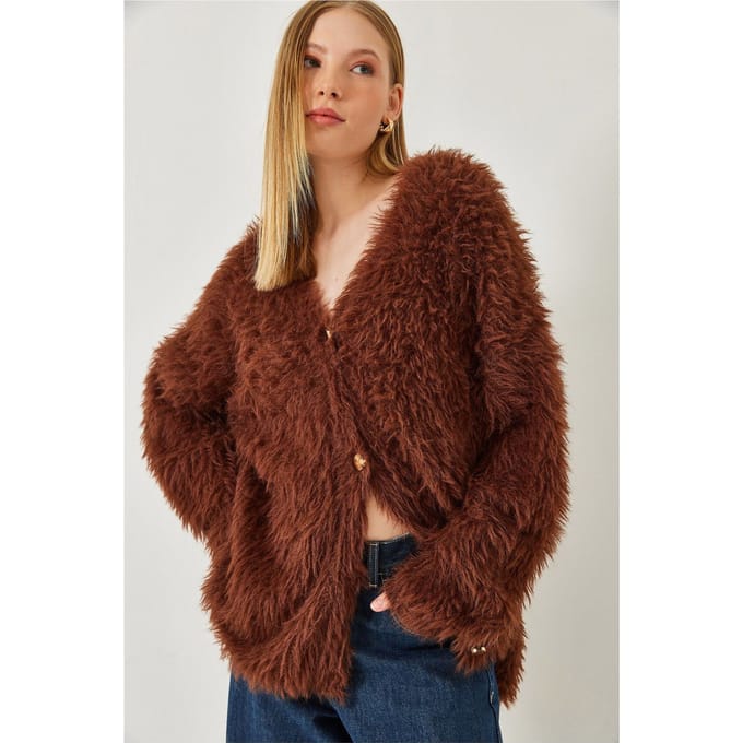 Dikke Geribde V-hals Cardigan met Knopen Sluiting