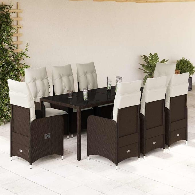 vidaXL - 9-delige - Bistroset - met - kussens - poly - rattan - bruin