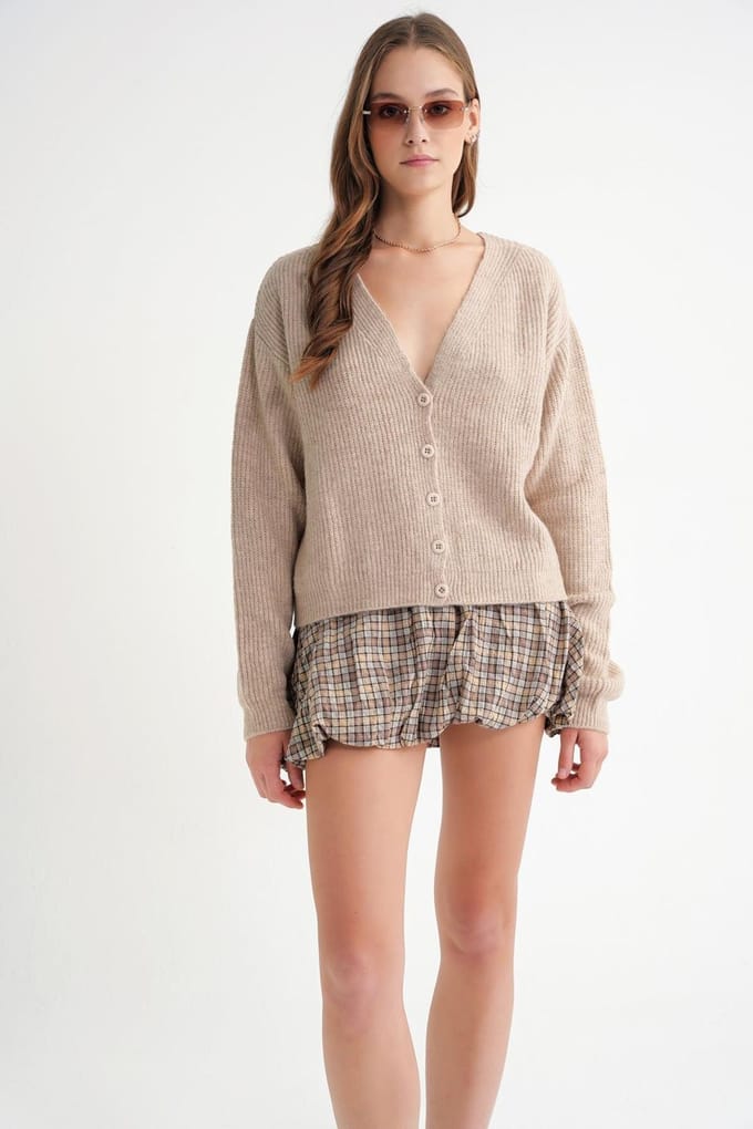 Geribde V-Hals Knopen Cardigan