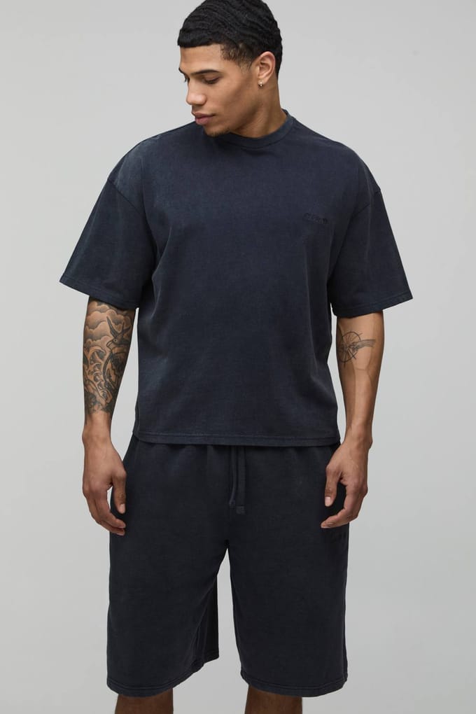 Oversized Boxy Gewassen Men's Sport T-shirt & Shorts Set | Charcoal | Size Medium